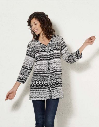 Tunica viscosa mangas 3/4 estampado negro y blanco