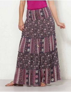 Falda larga viscosa con volantes estampado indiana