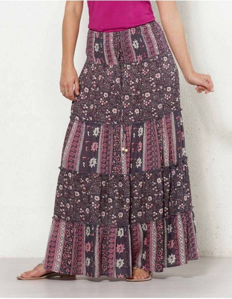 Falda larga viscosa con volantes estampado indiana