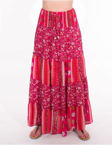 Falda larga viscosa con volantes estampado indiana
