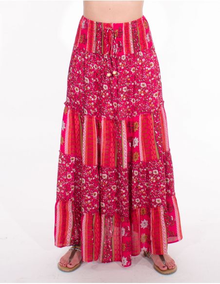 Falda larga viscosa con volantes estampado indiana