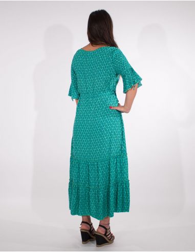 Vestido largo viscosa mangas cortas estampado paon