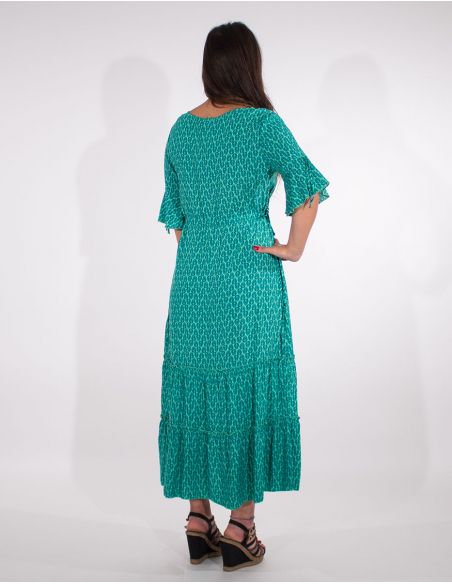 Vestido largo viscosa mangas cortas estampado paon