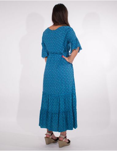 Vestido largo viscosa mangas cortas estampado paon