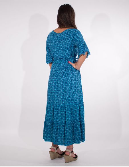 Vestido largo viscosa mangas cortas estampado paon