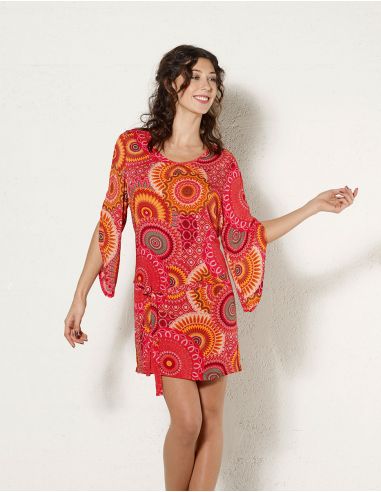 Vestido viscosa mangas 3/4 estampado kenya