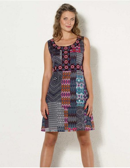 Vestido algodon doblado estampado patch ikat 