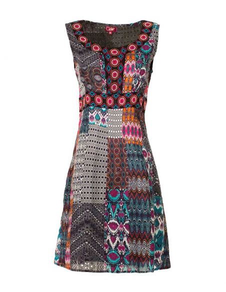 Vestido algodon doblado estampado patch ikat 