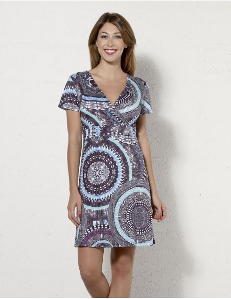 Vestido malla 95% poliester5% elastano mangas cortas estampado maori