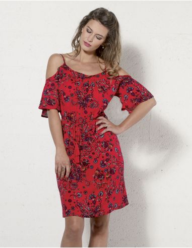 Vestido viscosa mangas cortas cintura estampado rock