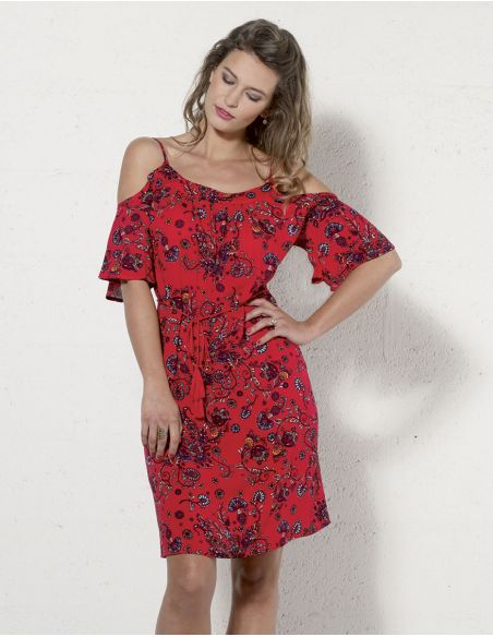 Vestido viscosa mangas cortas cintura estampado rock