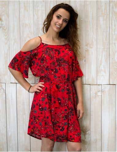 Vestido viscosa mangas cortas cintura estampado rock