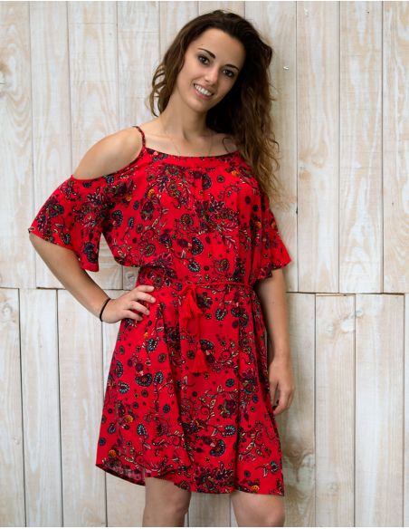 Vestido viscosa mangas cortas cintura estampado rock