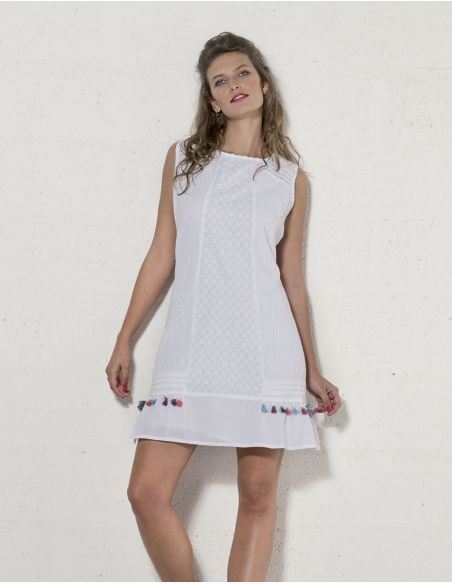 Vestido algodon blanco doblado bordado sin mangas con pompones