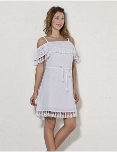 Vestido algodon doblado bordado con pompones
