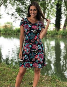 Vestido malla 96% poliester 4% elastano mangas cortas estampado tiare