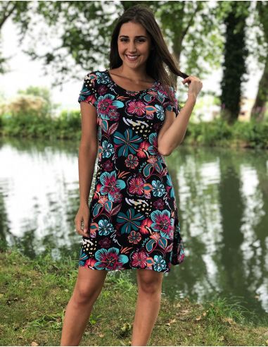 Vestido malla 96% poliester 4% elastano mangas cortas estampado tiare