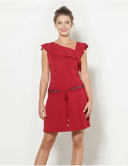 Vestido malla 97% algodon 3 % elastano sin mangas cintura bordado