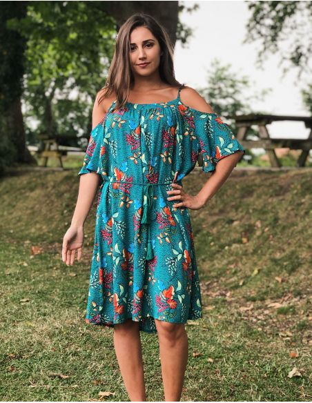 Vestido viscosa hombros desnudos estampado grappe