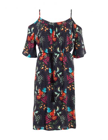 Vestido viscosa hombros desnudos estampado grappe