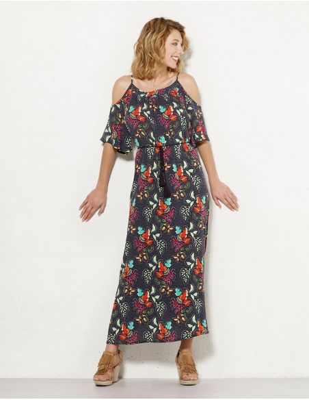 Vestido largo viscosa hombros desnudos estampado grappe