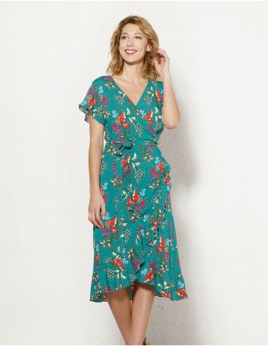 Vestido viscosa mangas cortas cruzada estampado grappe