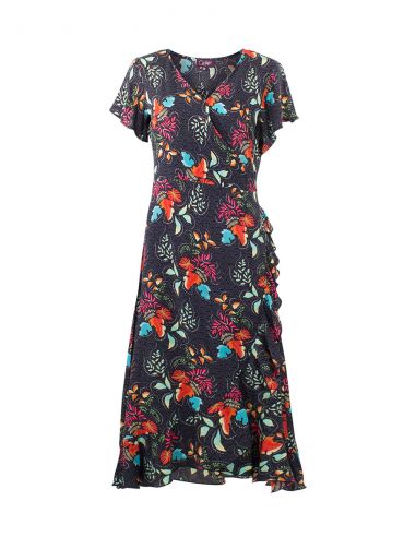 Vestido viscosa mangas cortas cruzada estampado grappe