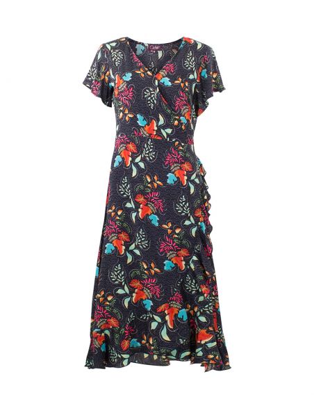 Vestido viscosa mangas cortas cruzada estampado grappe