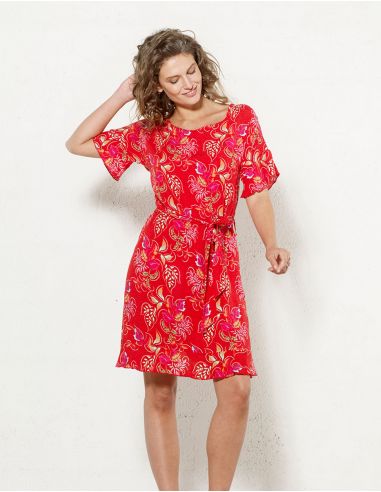 Vestido viscosa mangas cortas cintura estampado grappe