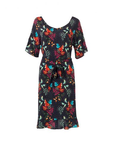 Vestido viscosa mangas cortas cintura estampado grappe