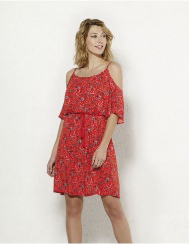 Vestido viscosa hombros desnudos estampado antika
