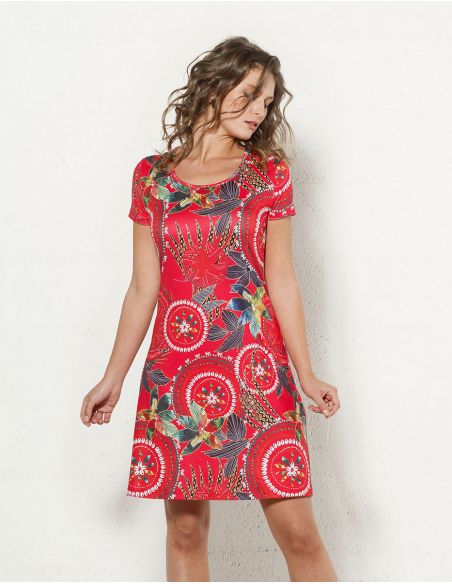 Vestido malla 95% poliester 5% elastano mangas cortas estampado monaco