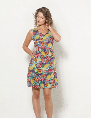 Vestido viscosa sin mangas estampado tutti fruti