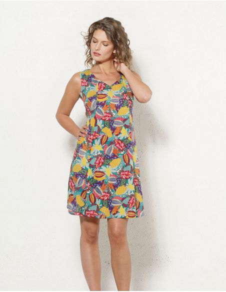 Vestido viscosa sin mangas estampado tutti fruti