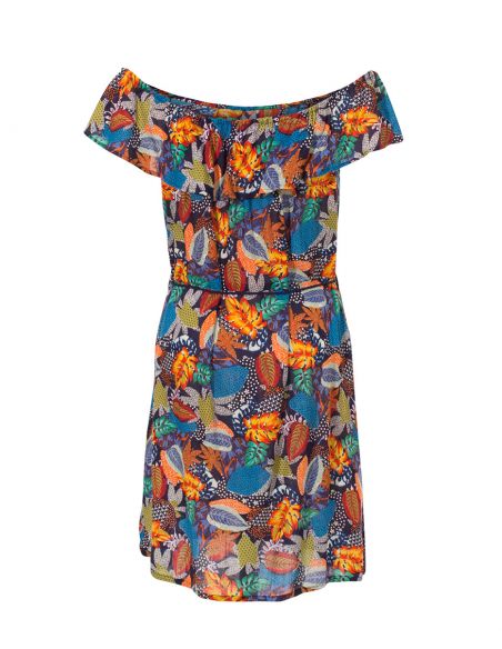 Vestido viscosa volante alto estampado tutti fruti