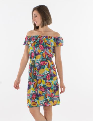 Vestido viscosa volante alto estampado tutti fruti