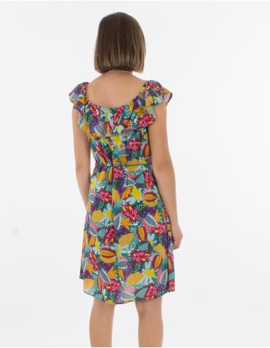 Vestido viscosa volante alto estampado tutti fruti