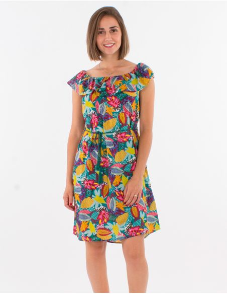 Vestido viscosa volante alto estampado tutti fruti