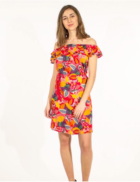 Vestido viscosa volante alto estampado tutti fruti