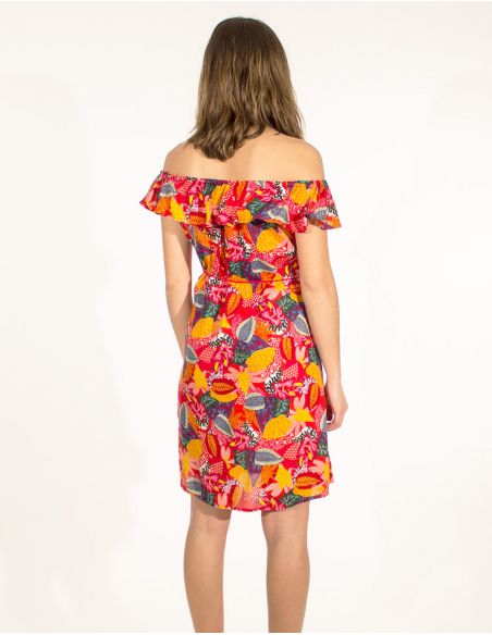 Vestido viscosa volante alto estampado tutti fruti
