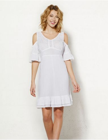 Vestido crepe de algodon doblado hombros desnudos