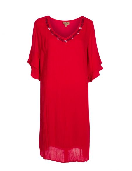 Vestido crepe de viscosa bordado doblado mangas cortas