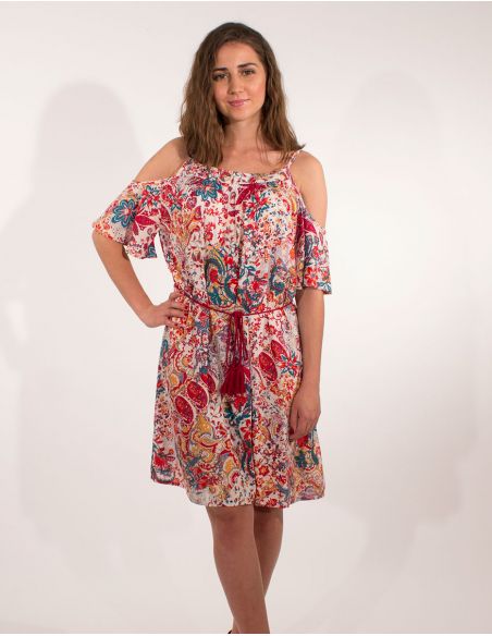 Vestido viscosa hombros desnudos estampado romantico