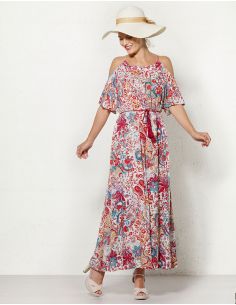 Vestido largo viscosa hombros desnudo estampado romantico
