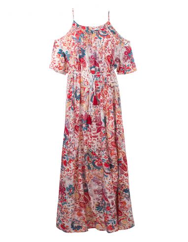 Vestido largo viscosa hombros desnudo estampado romantico