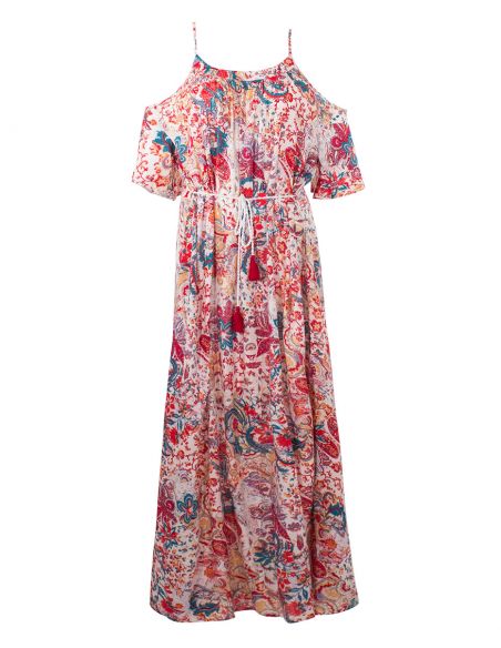 Vestido largo viscosa hombros desnudo estampado romantico