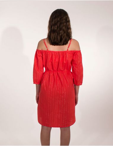 Vestido 99% algodon 1% fibra metalizada hombros desnudos