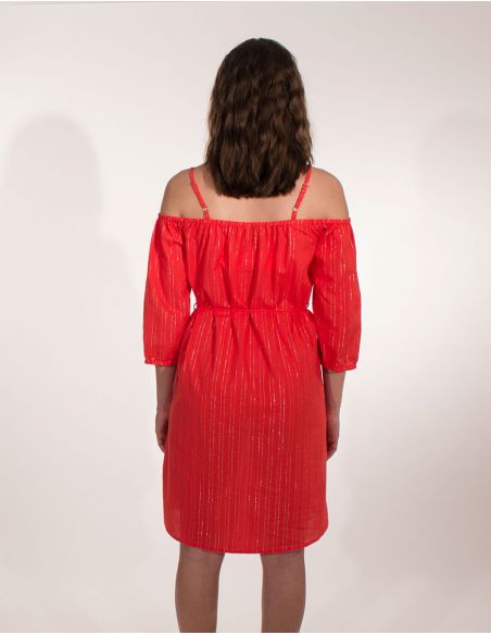 Vestido 99% algodon 1% fibra metalizada hombros desnudos