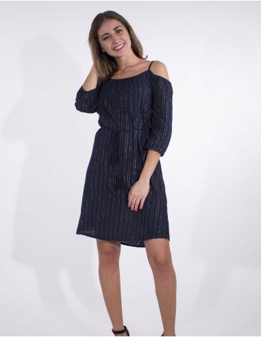 Vestido 99% algodon 1% fibra metalizada hombros desnudos