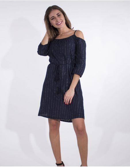 Vestido 99% algodon 1% fibra metalizada hombros desnudos